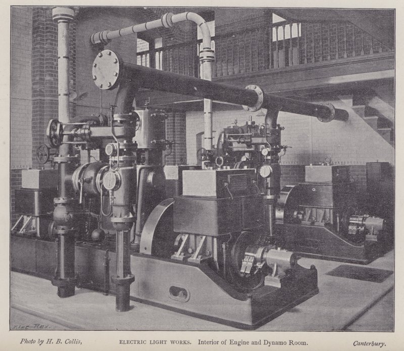 Interiør i motor- og dynamorom, Electric Light Works, Canterbury, Kent (s/hv-bilde) av Henry Beauchamp Collis