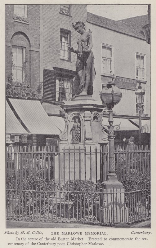 Minnesmerke over dramatikeren og poeten Christopher Marlowe, Buttermarket, Canterbury, Kent (s/hvitt-bilde) av Henry Beauchamp Collis