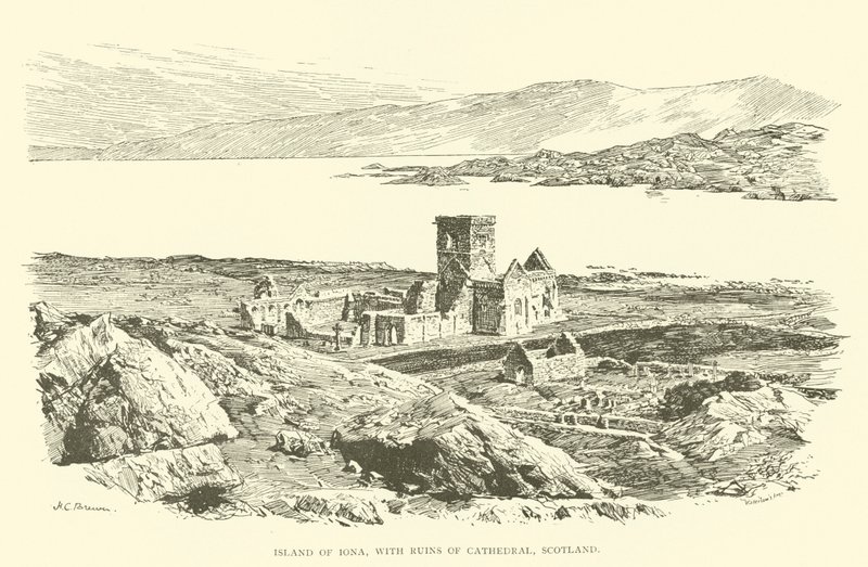 Øya Iona, med ruinene av katedralen, Skottland (gravering) av Henry Charles Brewer