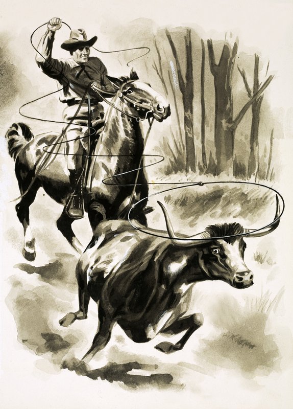 En cowboy tauer en stut fra hesteryggen med en lasso av Henry Charles Fox