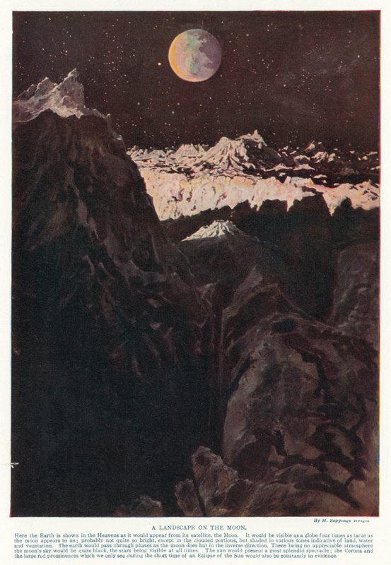 Et landskap på månen (farge litho) av Henry Charles Seppings Wright