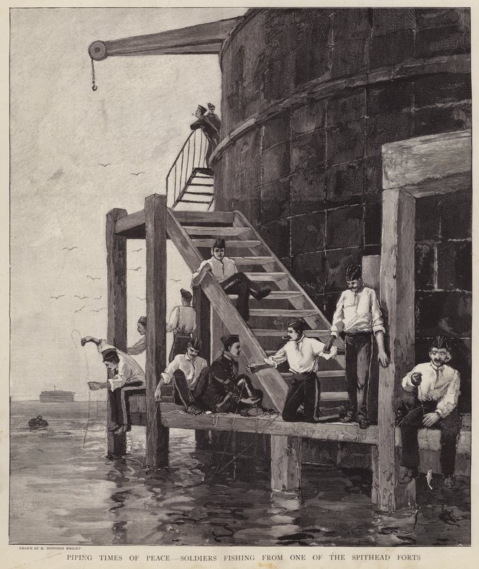 Britiske soldater som fisker fra et av fortene ved Spithead, Hampshire (litho) av Henry Charles Seppings Wright