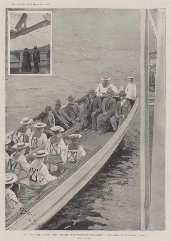 Cronje, hans kone, sønn og stab ble formidlet til Transport Milwaukee i den væpnede kutteren til HMS Doris av Henry Charles Seppings Wright