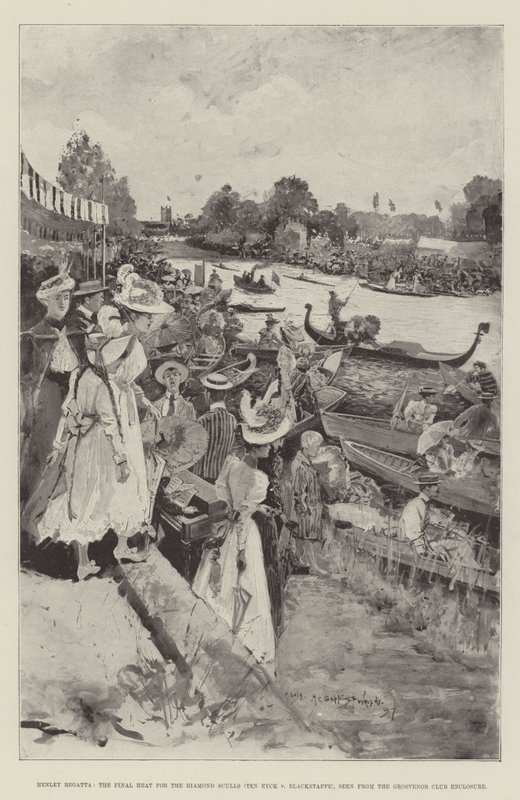 Henley Regatta, Final Heat for Diamond Sculls (Ten Eyck v Blackstaffe), sett fra Grosvenor Club Enclosure av Henry Charles Seppings Wright