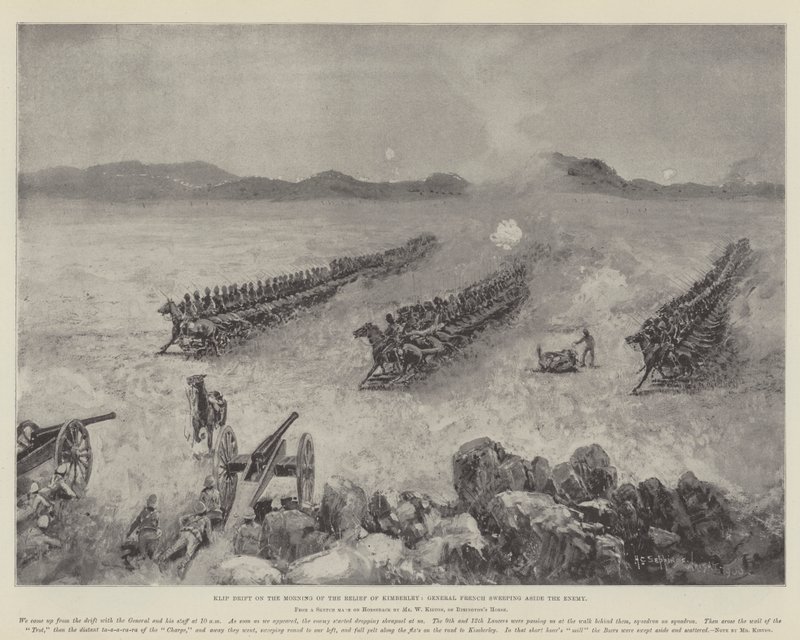 Klip Drift om morgenen for lindring av Kimberley, general French feier fienden til side av Henry Charles Seppings Wright