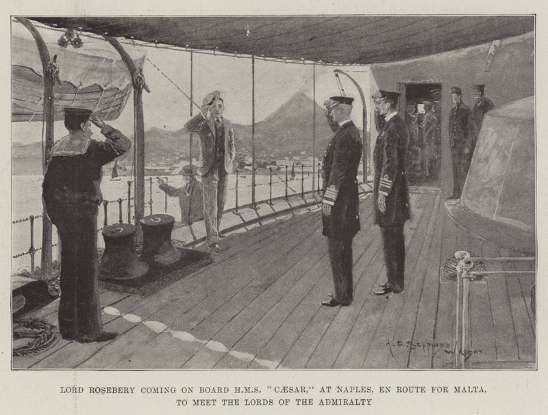 Lord Rosebery kommer ombord på HMS Caesar, i Napoli, på vei til Malta, for å møte Lords of the Admiralty av Henry Charles Seppings Wright