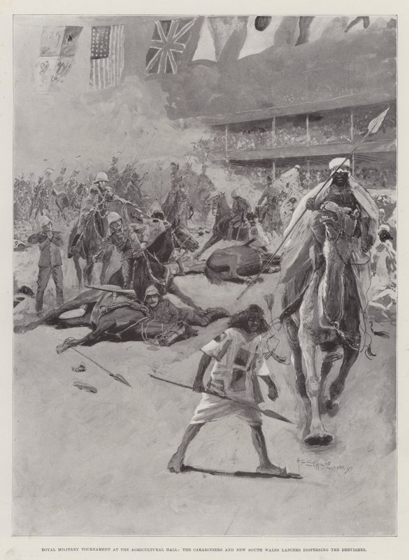 Royal Military Tournament i Agricultural Hall, Carabiners og New South Wales Lancers sprer Dervishene av Henry Charles Seppings Wright