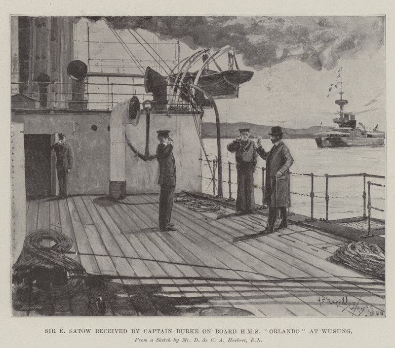 Sir E Satow mottatt av kaptein Burke om bord på HMS Orlando i Wusung av Henry Charles Seppings Wright