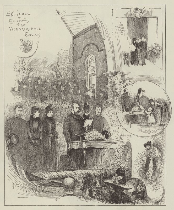 Skisser ved åpningen av Victoria Hall, Ealing av Henry Charles Seppings Wright