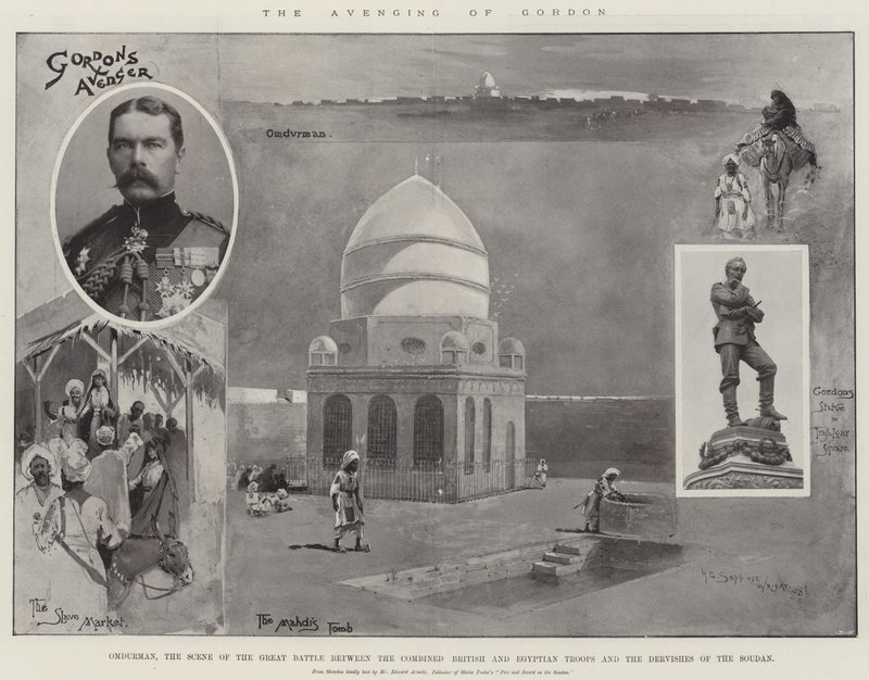 The Avenging of Gordon, Omdurman, scenen for det store slaget mellom de kombinerte britiske og egyptiske troppene og dervisjene i Soudan av Henry Charles Seppings Wright