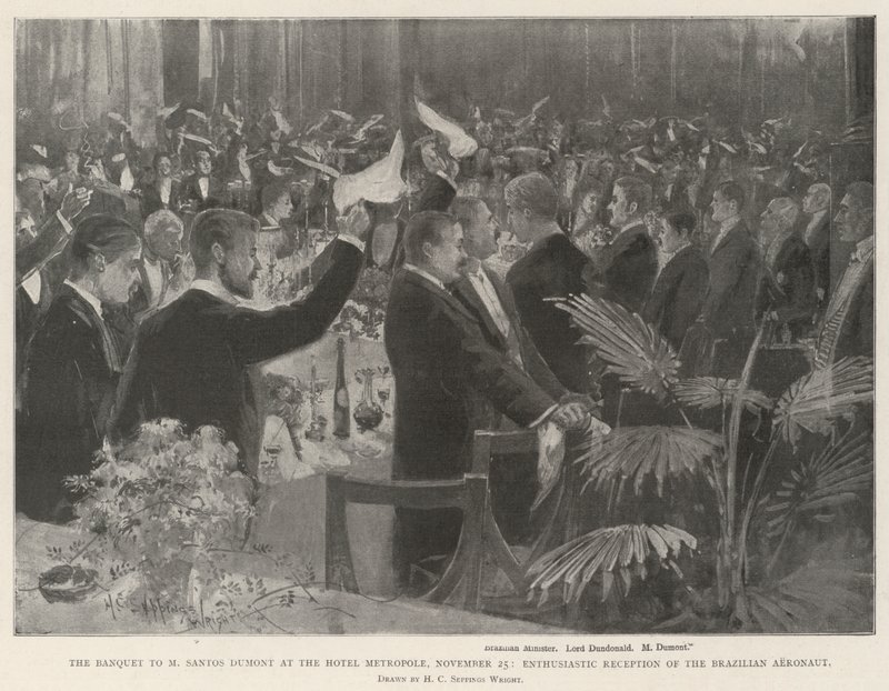 Banketten til M Santos Dumont på Hotel Metropole, 25. november, entusiastisk mottakelse av den brasilianske luftfartøyen av Henry Charles Seppings Wright