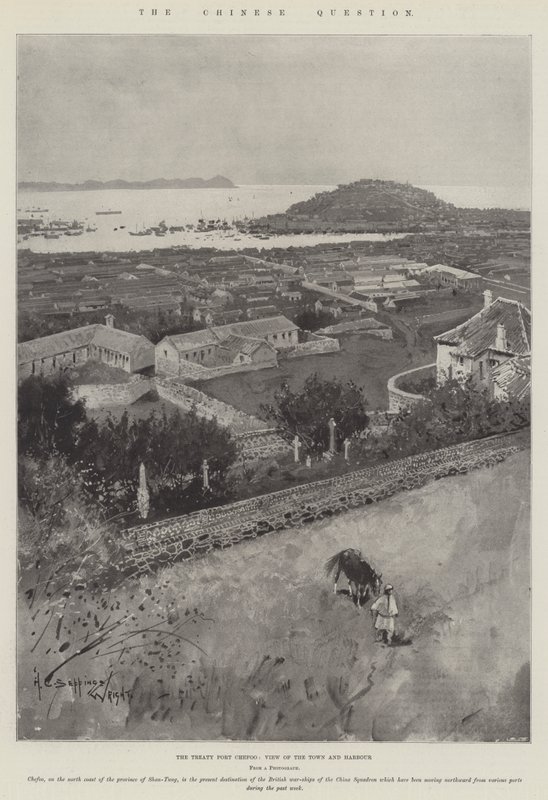 Det kinesiske spørsmålet, traktaten Port Chefoo, utsikt over byen og havnen av Henry Charles Seppings Wright