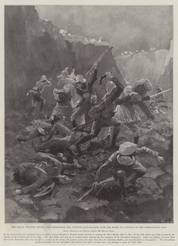 The Indian Frontier Rising, Dorsetshire-mennene som kjemper hånd-til-hånd med fienden i en Nullah på Tseri-Kandao-passet av Henry Charles Seppings Wright