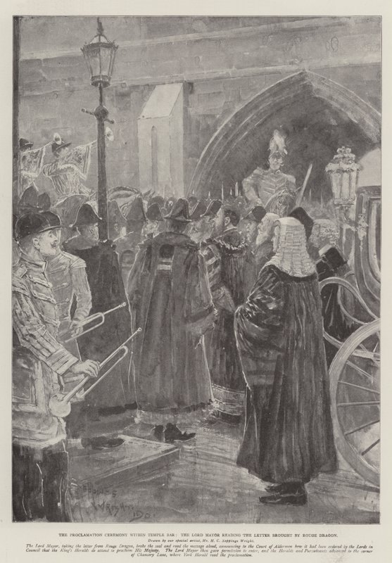Proklamasjonsseremonien i Temple Bar, Lord Mayor leser brevet brakt av Rouge Dragon av Henry Charles Seppings Wright