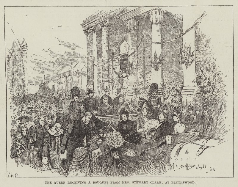 Dronningen mottar en bukett fra fru Stewart Clark, på Blythswood av Henry Charles Seppings Wright