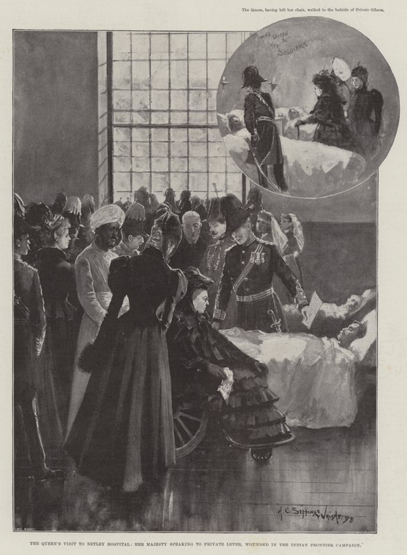Dronningens besøk på Netley Hospital, Hennes Majestet snakker til Private Lever, såret i Indian Frontier Campaign av Henry Charles Seppings Wright