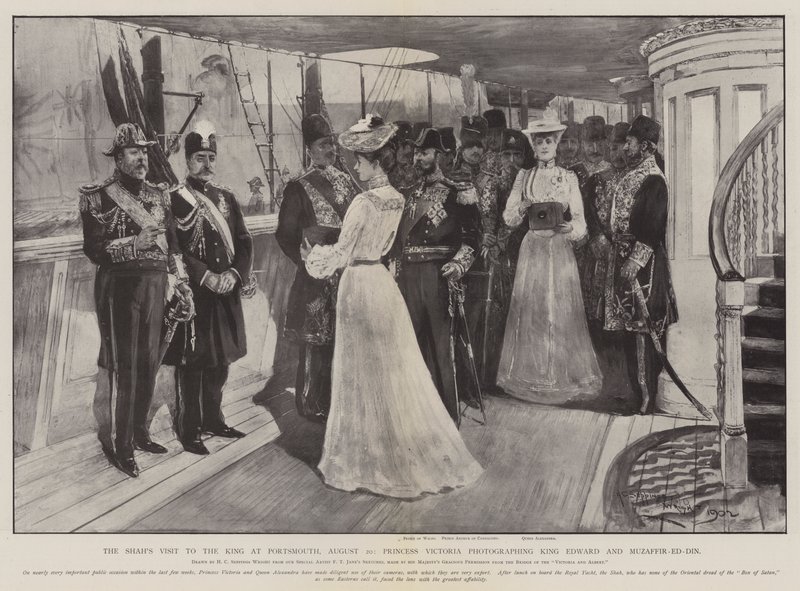 Shahs besøk til kongen i Portsmouth, 20. august, prinsesse Victoria fotograferer kong Edward og Muzaffir-ed-Din av Henry Charles Seppings Wright