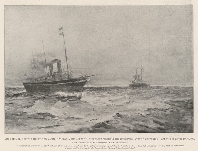 Prøveturen av Kongens nye yacht, Victoria og Albert, yachten som taler den hjemgående centurionen utenfor kysten av Portugal av Henry Charles Seppings Wright