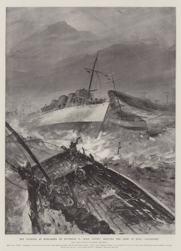 Tyfonen i Hong-Kong 10. november, HMS Otter reddet mannskapet på HMS Sandpiper av Henry Charles Seppings Wright