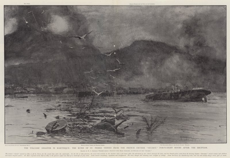 Vulkankatastrofen på Martinique, ruinene av St. Pierre sett fra den franske krysseren Suchet, førtiåtte timer etter utbruddet av Henry Charles Seppings Wright