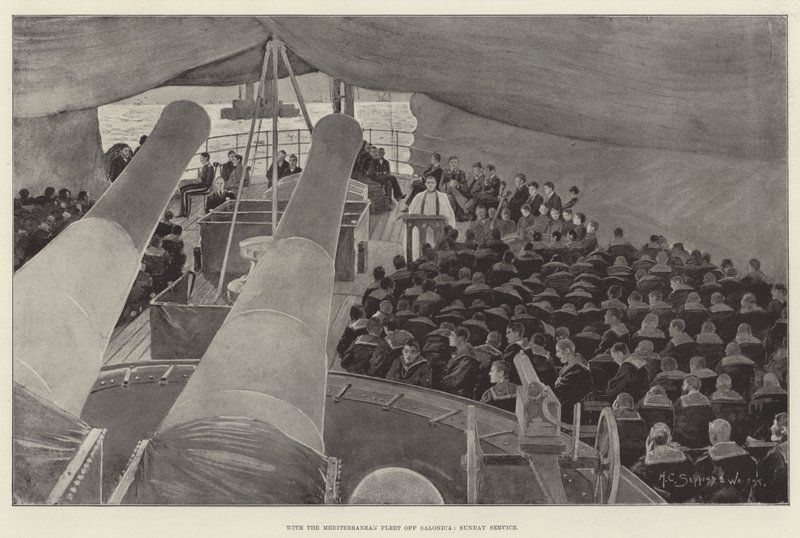 Med Middelhavsflåten utenfor Salonica, søndagstjeneste av Henry Charles Seppings Wright
