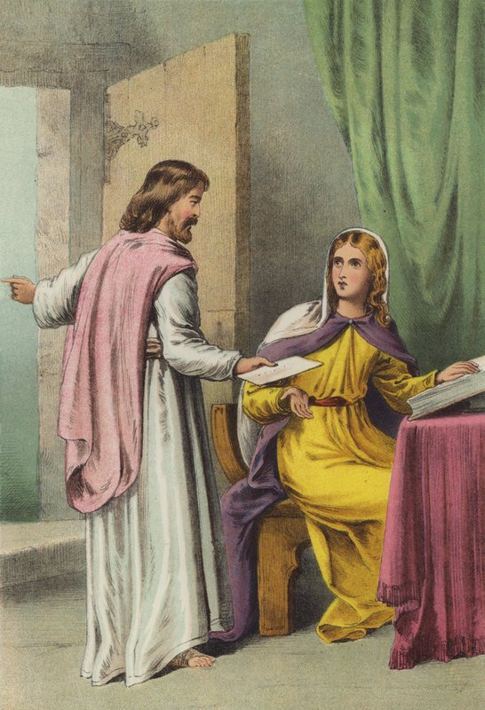 Christiana mottar budskapet (chromolitho) av Henry Courtney Selous