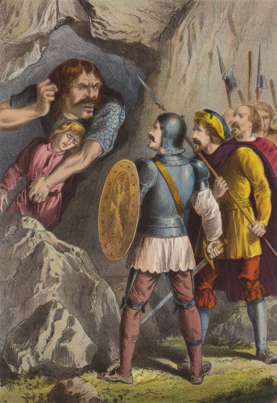 Giant Slay-God og Feeble-Mind (chromolitho) av Henry Courtney Selous