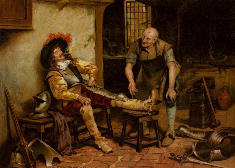 A Splendid Fit, en mann som er utstyrt med rustning (chromolitho) av Henry Gillard (after) Glindoni