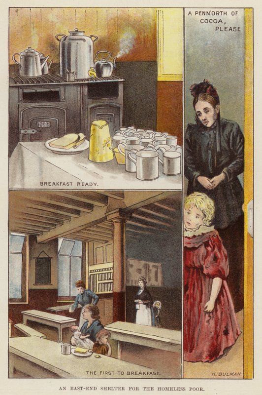 Tilfluktsrom for hjemløse fattige i East End i London, sent på 1800-tallet (chromolitho) av Henry Herbert Bulman