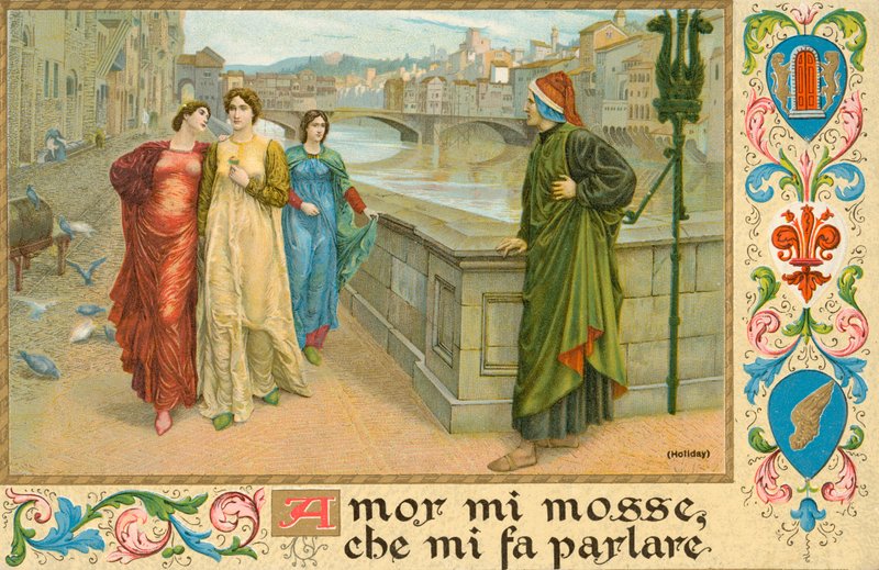 Den italienske poeten Dante Alighieri og Beatrice Portinari (chromolitho) av Henry Holiday