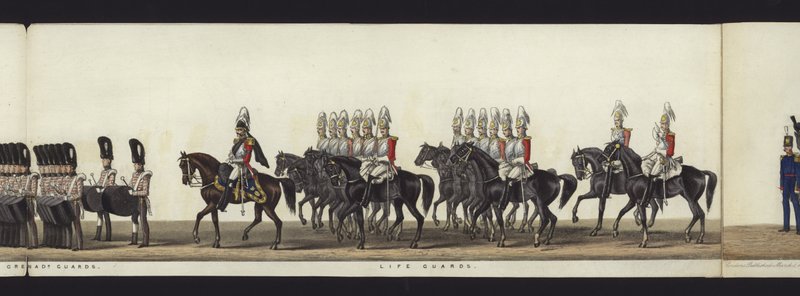 En del av panoramautsikten over hele begravelsesprosesjonen til Arthur, hertugen av Wellington (farget akvatint) av Henry Jr and Sala Alken