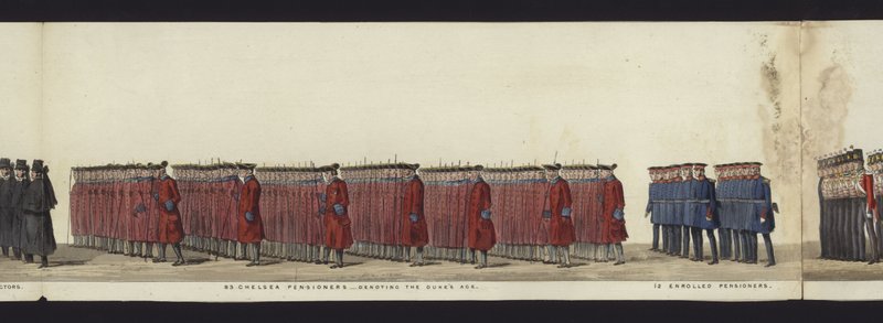En del av panoramautsikten over hele begravelsesprosesjonen til Arthur, hertugen av Wellington (farget akvatint) av Henry Jr and Sala Alken
