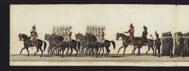 En del av panoramautsikten over hele begravelsesprosesjonen til Arthur, hertugen av Wellington (farget akvatint) av Henry Jr and Sala Alken