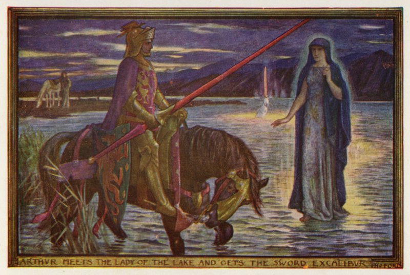 Arthur møter Lady of the Lake og får sverdet Excalibur (farge litho) av Henry Justice Ford