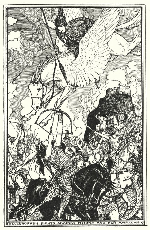 Bellerophon kjemper mot Myrina og hennes amasoner (litho) av Henry Justice Ford