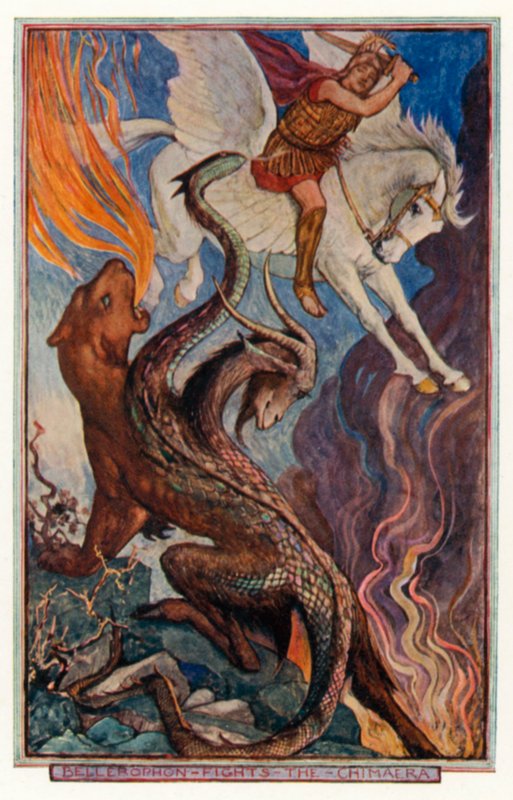 Bellerophon kjemper mot Chimaera (farge litho) av Henry Justice Ford