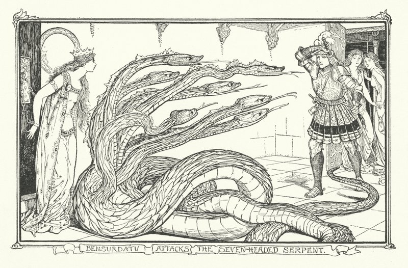 Bensurdatu angriper den syvhodede slangen (gravering) av Henry Justice Ford