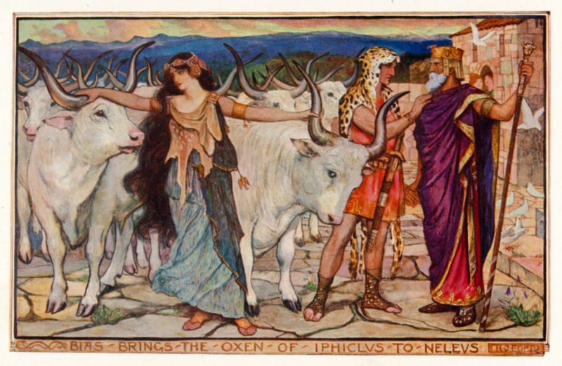 Bias bringer oksene til Iphiclus til Neleus (farge litho) av Henry Justice Ford