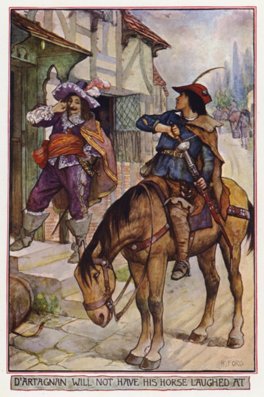 D'Artagnan vil ikke få hesten sin til å le av, scene fra The Three Musketeers, av Alexandre Dumas (farge litho) av Henry Justice Ford