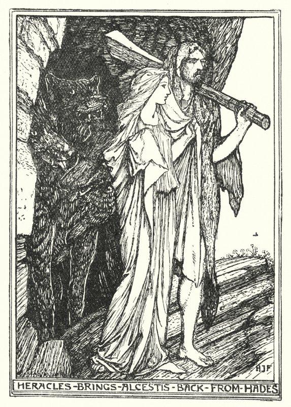 Heracles bringer Alcestis tilbake fra Hades (litho) av Henry Justice Ford