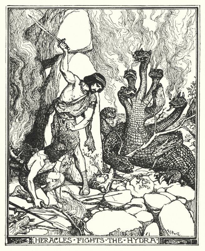 Herakles kjemper mot Hydra (litho) av Henry Justice Ford