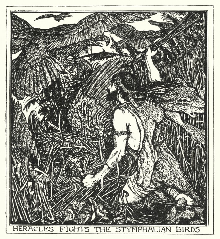 Herakles kjemper mot Stymphalian-fuglene (litho) av Henry Justice Ford