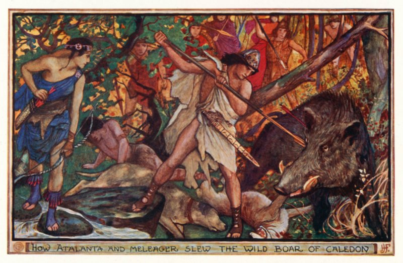 Hvordan Atalanta og Meleager drepte villsvinet i Caledon (farge litho) av Henry Justice Ford