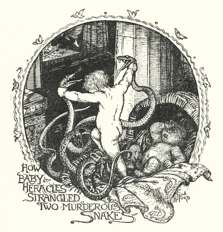 Hvordan Baby Heracles kvalt to morderiske slanger (litho) av Henry Justice Ford