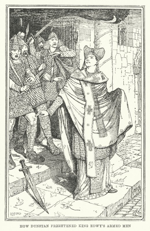 Hvordan Dunstan skremte kong Edwys væpnede menn (litho) av Henry Justice Ford
