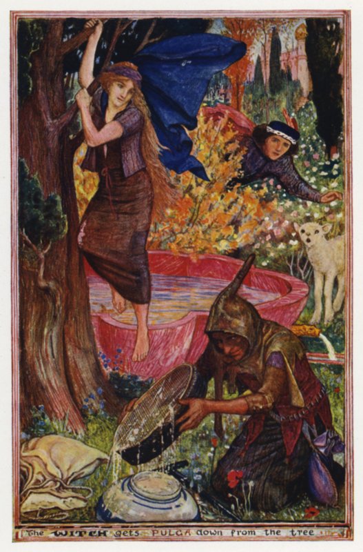 Hvordan en gutt blir et lam: heksen får Pulga ned fra treet (farge litho) av Henry Justice Ford