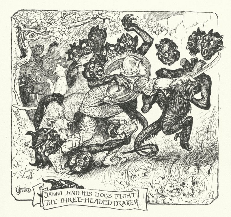 Janni og hundene hans kjemper mot den trehodede draken (gravering) av Henry Justice Ford