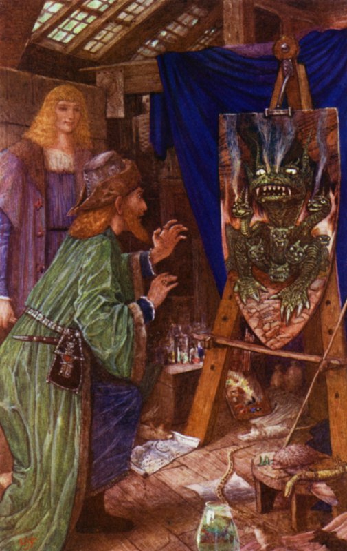 Leonardo skremmer faren med monsteret malt på skjoldet hans av Henry Justice Ford