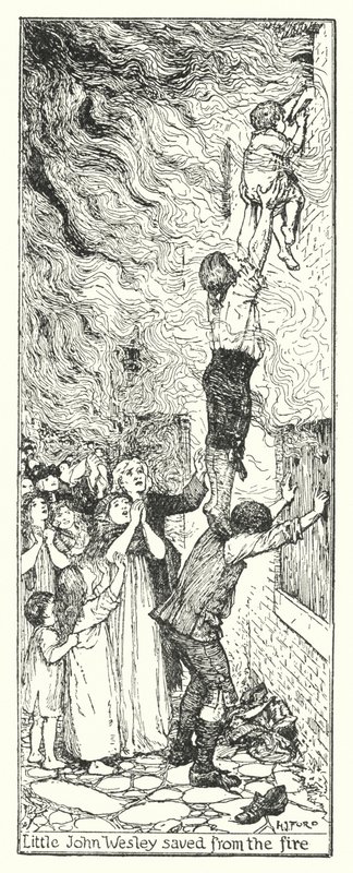 Lille John Wesley reddet fra brannen (litho) av Henry Justice Ford