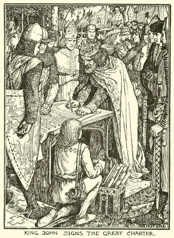 Magna Carta. Kong John signerer det store charteret (gravering) av Henry Justice Ford
